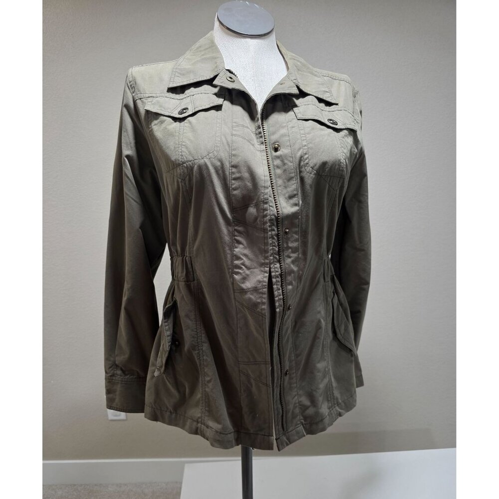 Womens Lightweight Army Green Utility Jacket With Zipper & Button Closure Adjust